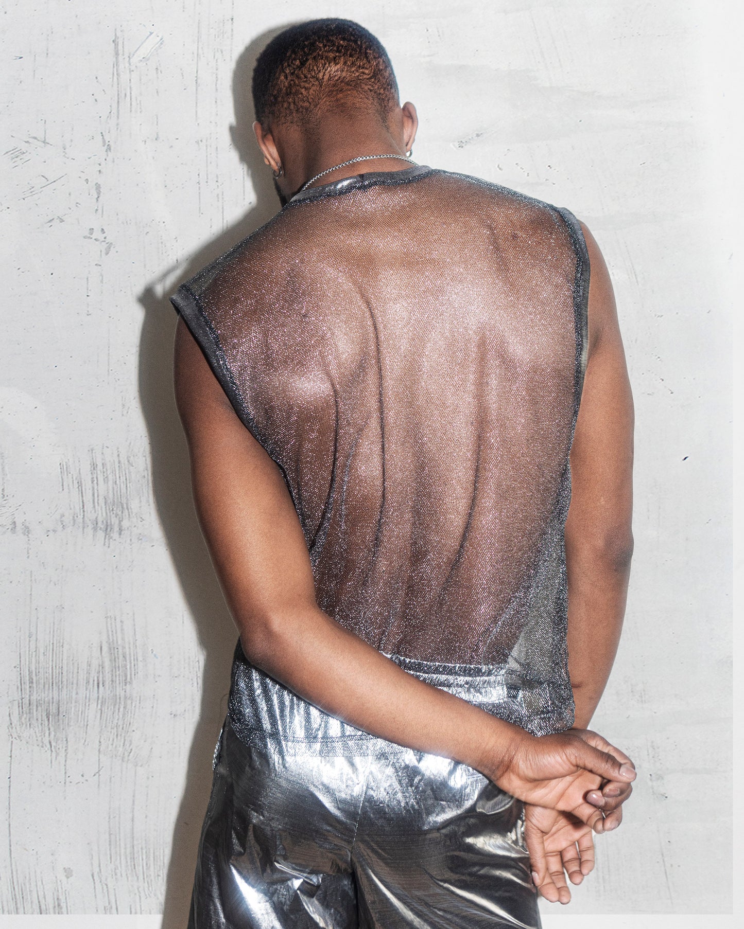 Men’s Silver Glitter Mesh Sleeveless Tank Top for Rave, Party, and Festival Looks; Shimmering Style | MASK4MASK