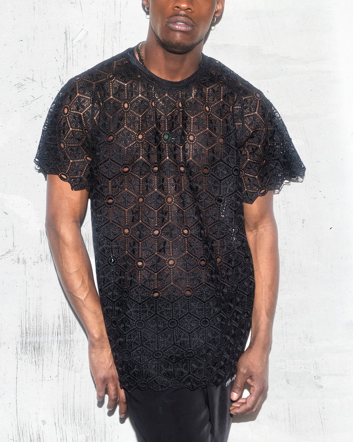 Men’s Black Lace Shirt – Sheer Geometric Mesh Top, See-Through Festival Shirt, Gothic Fashion, Edgy Clubwear, Summer Party Outfit