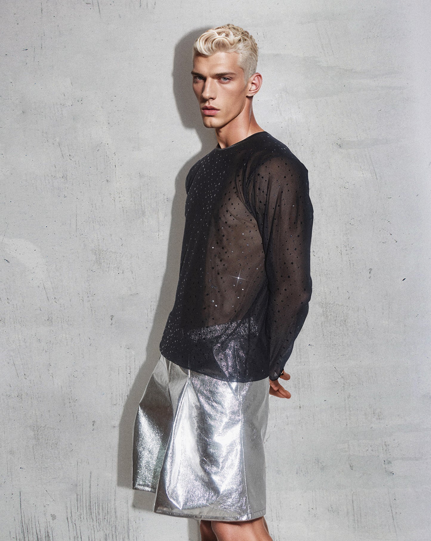 Men’s Sheer Black Mesh Shirt with Sparkling Embellishments