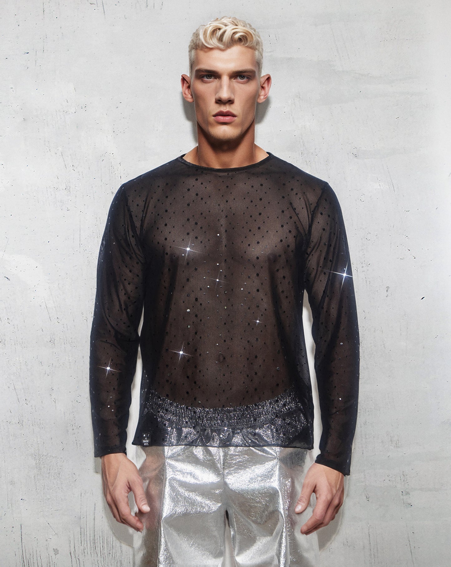 Men’s Sheer Black Mesh Shirt with Sparkling Embellishments
