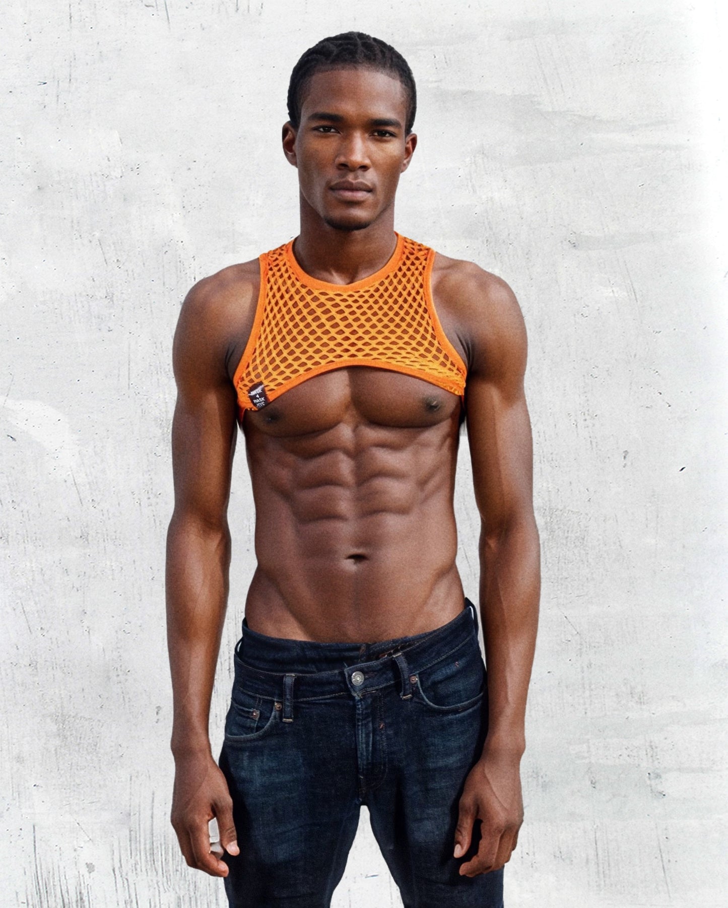 Men's Orange Elastic Fishnet Harness: Unleash Your Bold Side