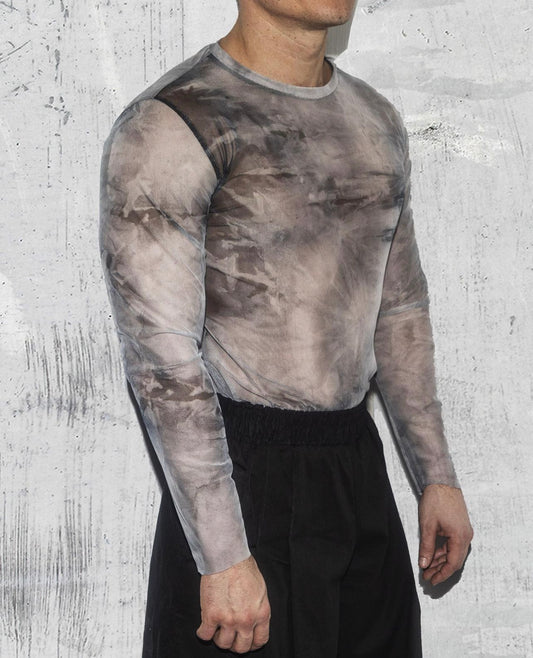 Urban Elegance: Men’s Gray Dye Mesh Shirt with Long Sleeves