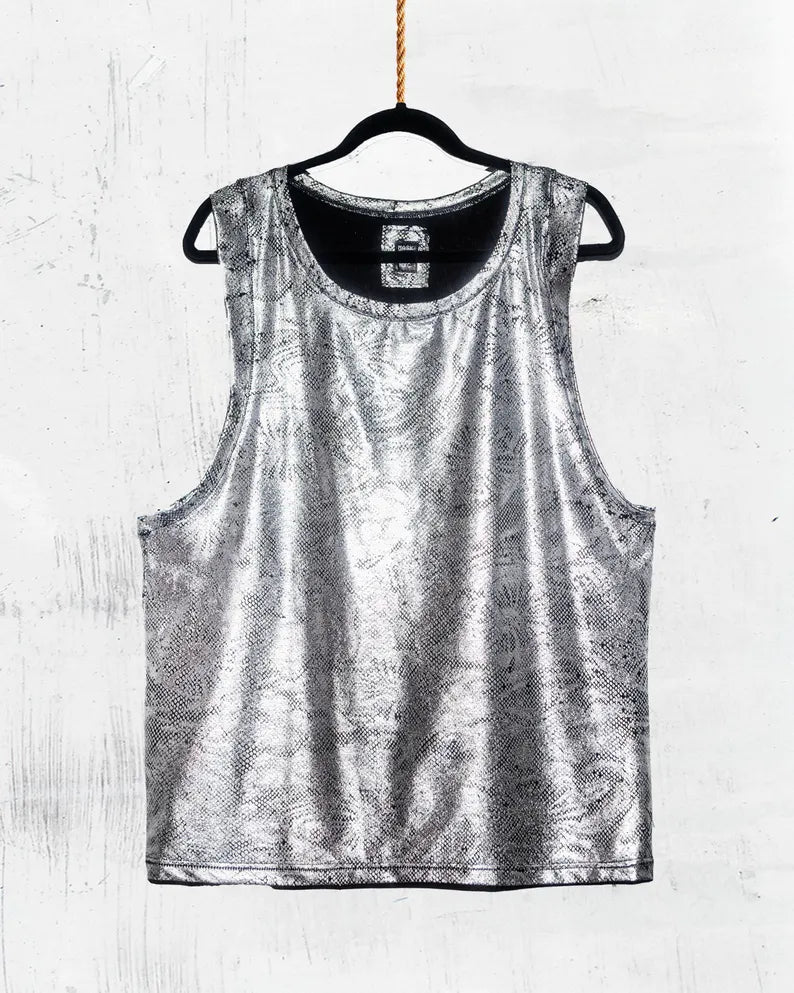 Men's Metallic Silver Snake-Skin Pattern Tank Top
