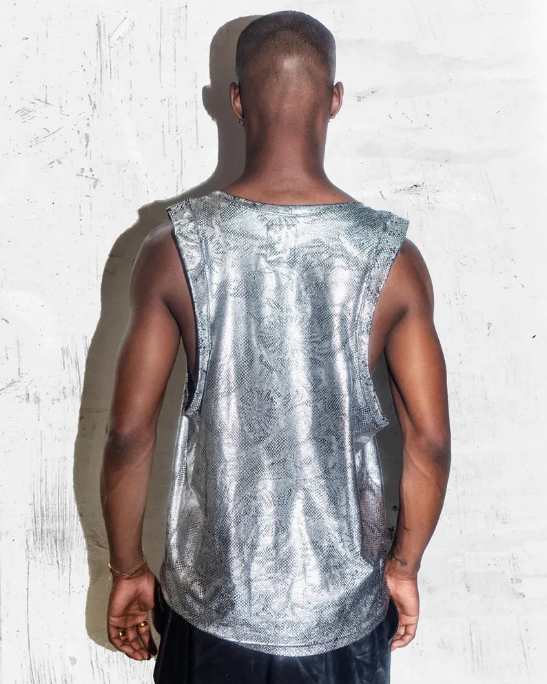 Men's Metallic Silver Snake-Skin Pattern Tank Top