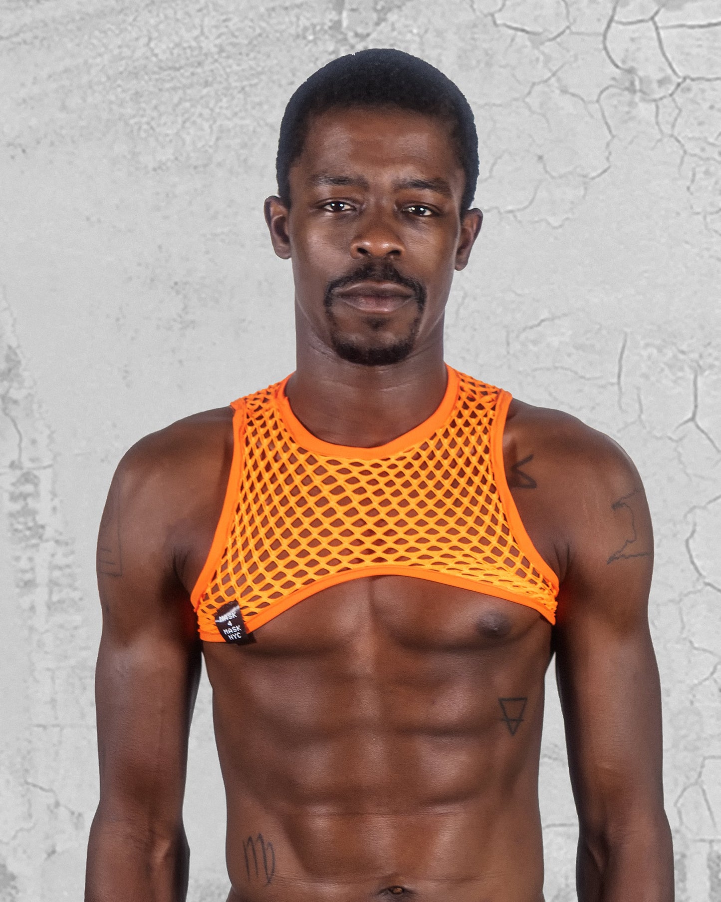 Men's Orange Elastic Fishnet Harness: Unleash Your Bold Side
