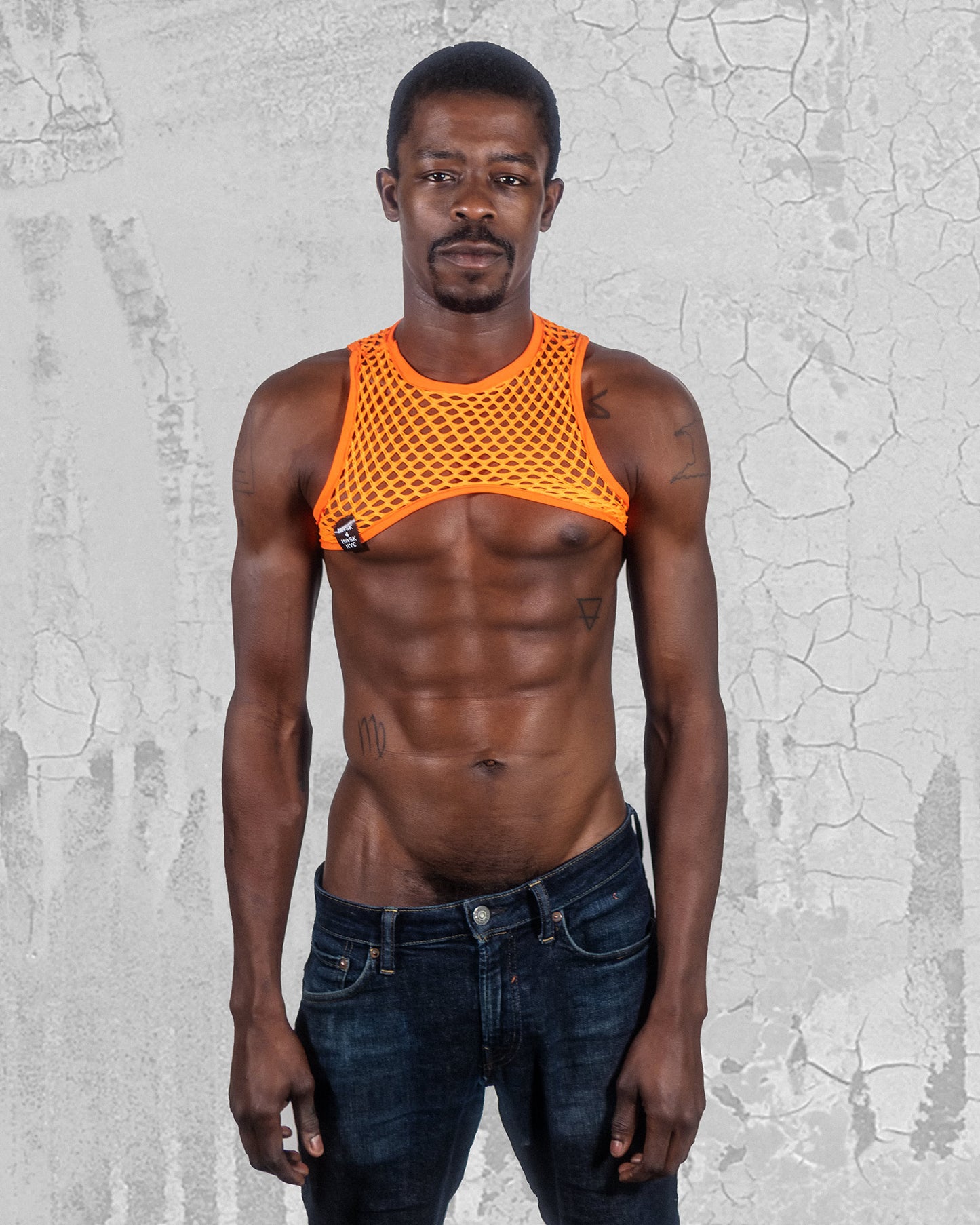 Men's Orange Elastic Fishnet Harness: Unleash Your Bold Side
