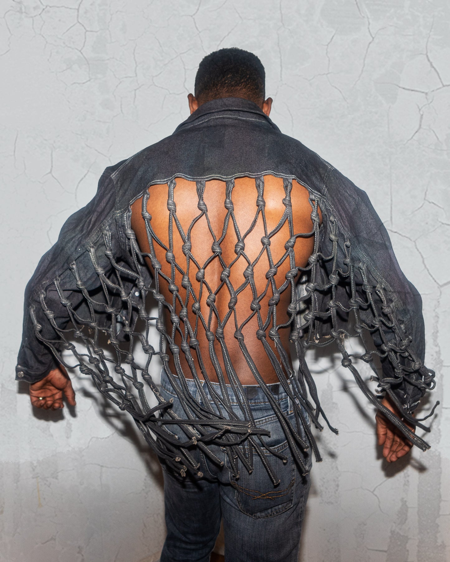 Men’s Original Black/Gray Jeans Jacket with Fringes, Festival outfit