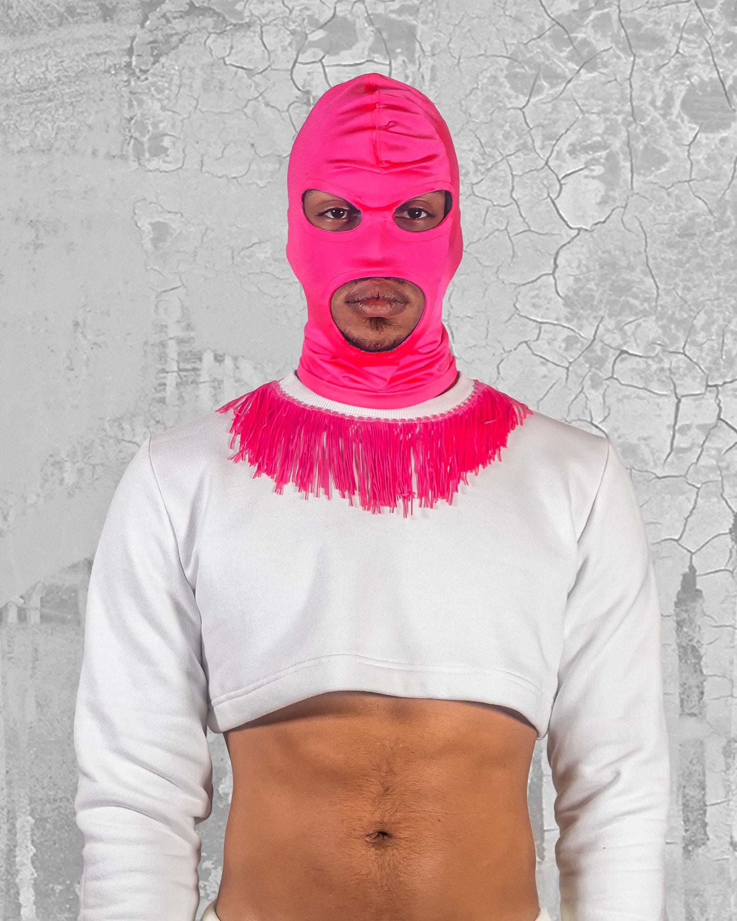 Men's White Crop Top with Pink fringe
