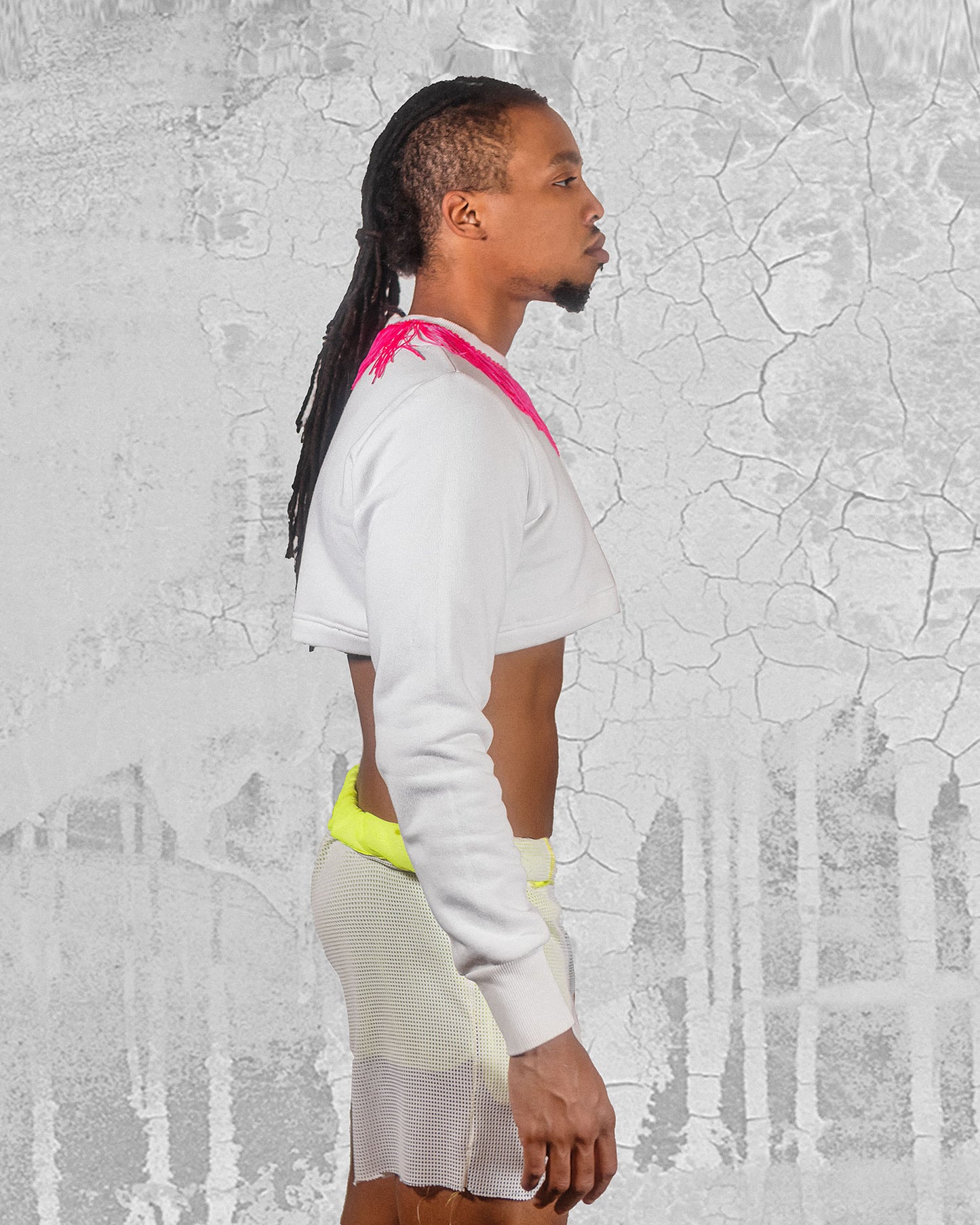 Men's White Crop Top with Pink fringe