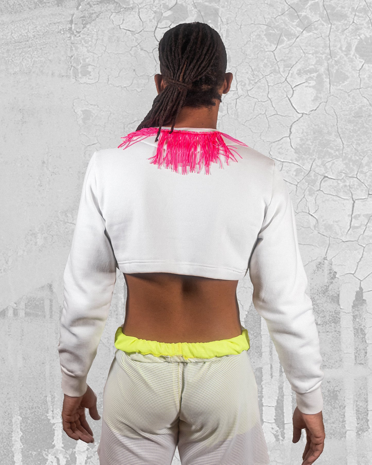 Men's White Crop Top with Pink fringe
