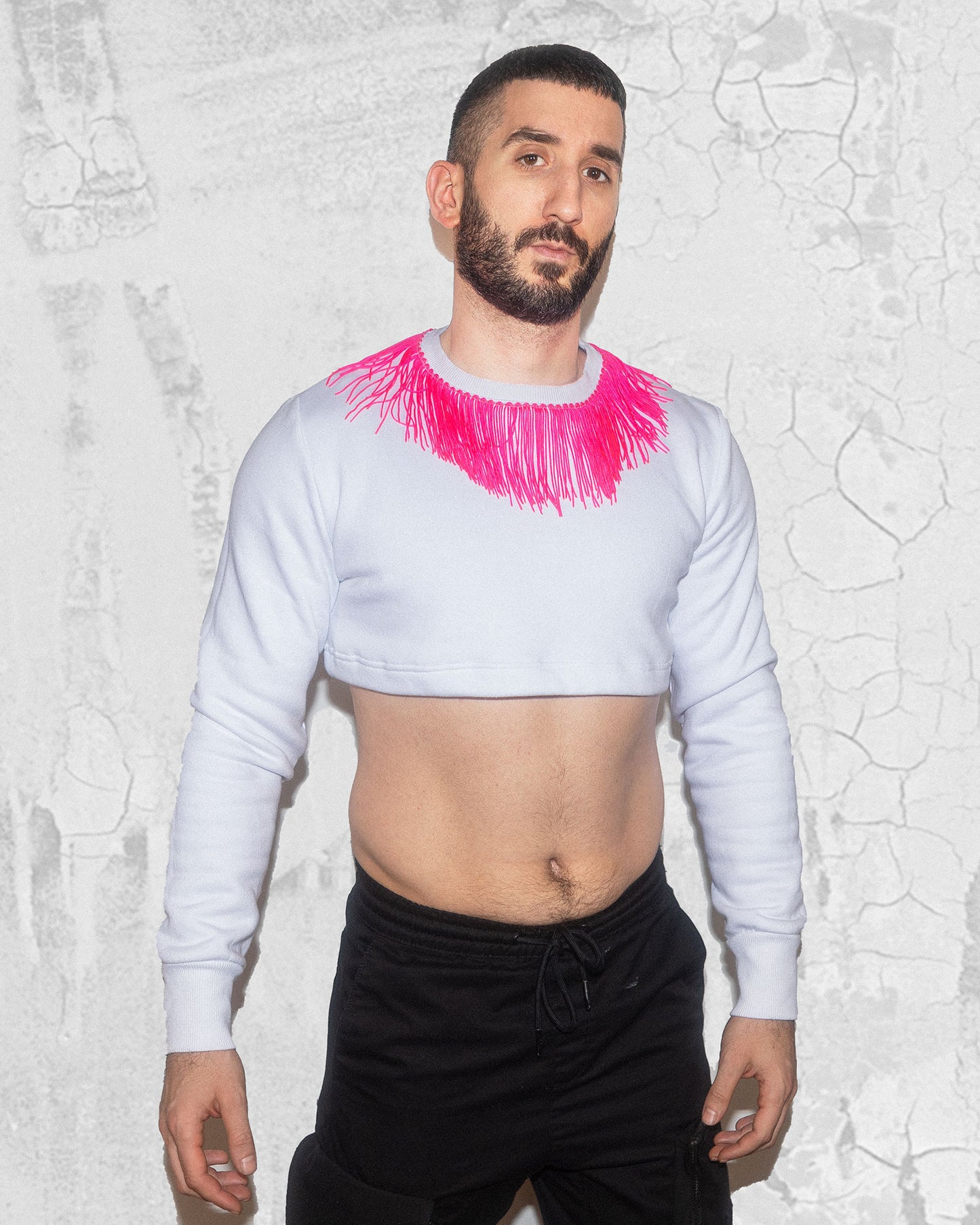 Men's White Crop Top with Pink fringe