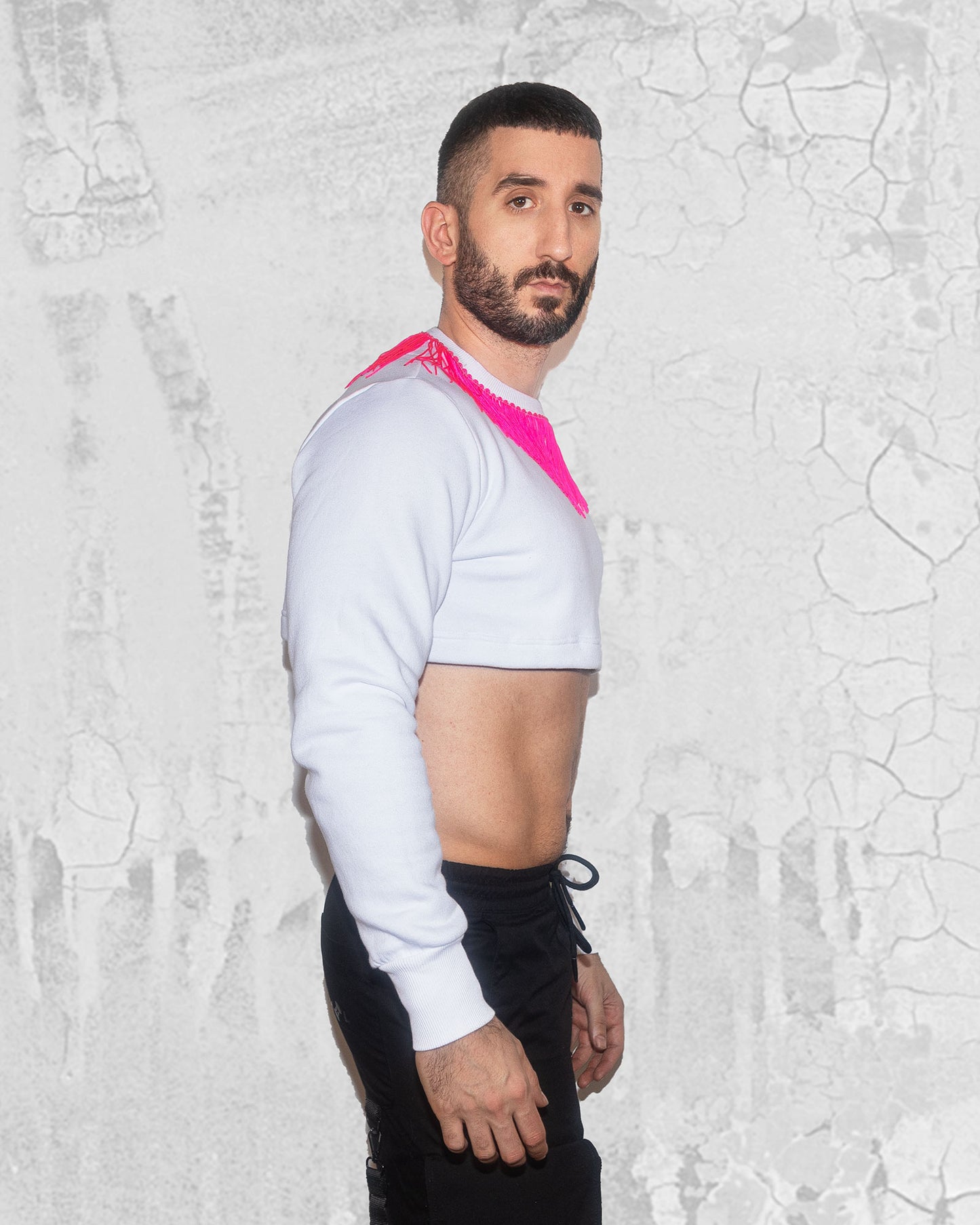 Men's White Crop Top with Pink fringe
