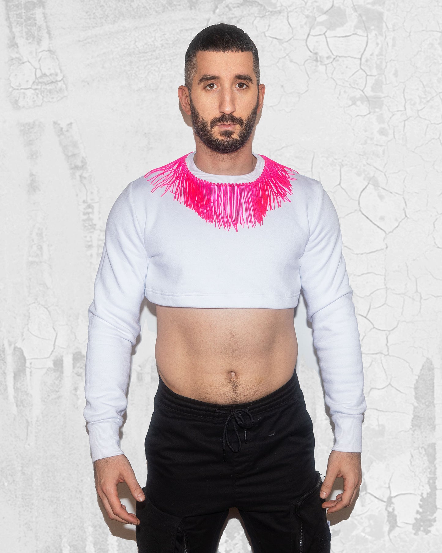 Men's White Crop Top with Pink fringe