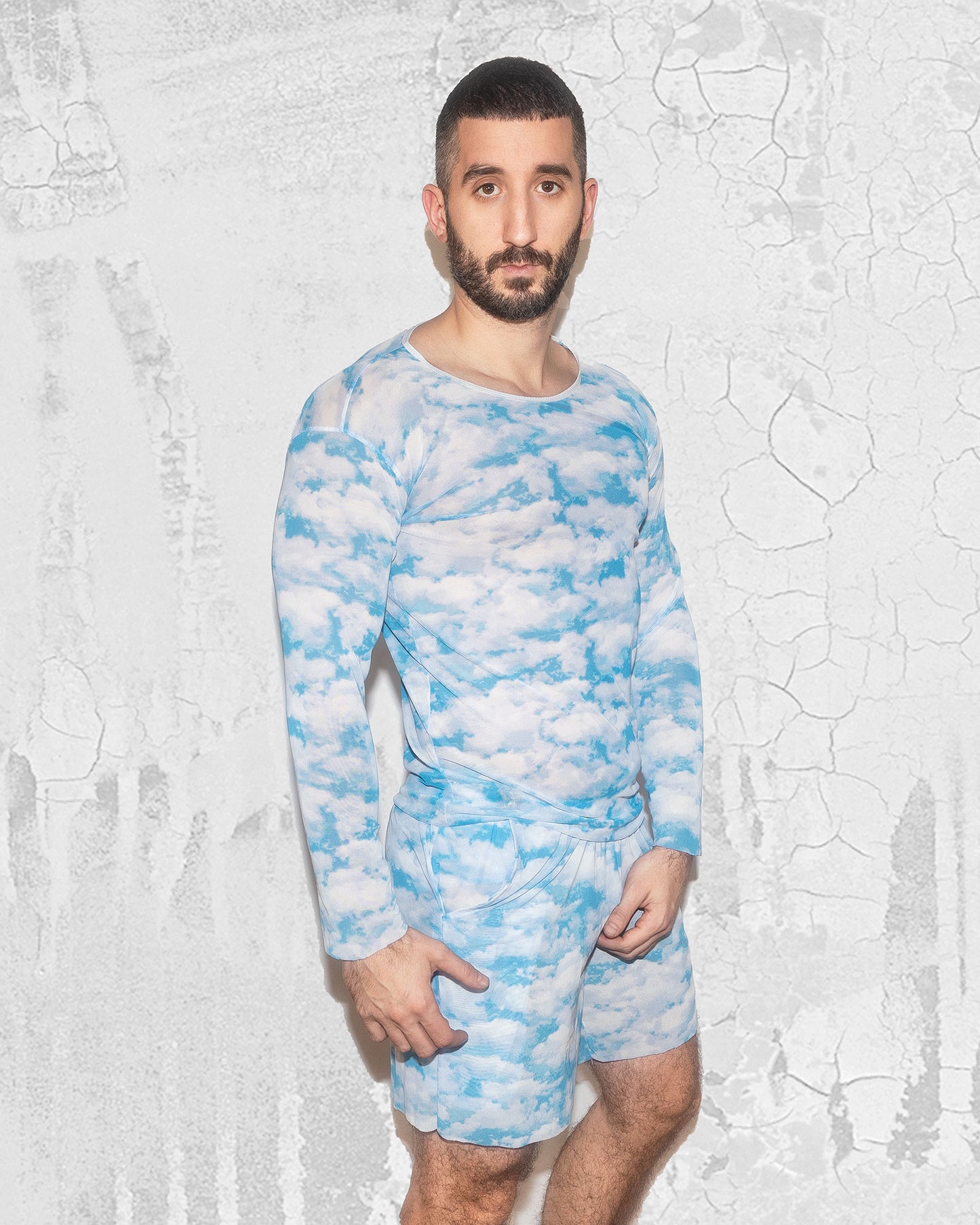 Men's Sky Clouds Pattern Mesh Shirt | Festival outfit