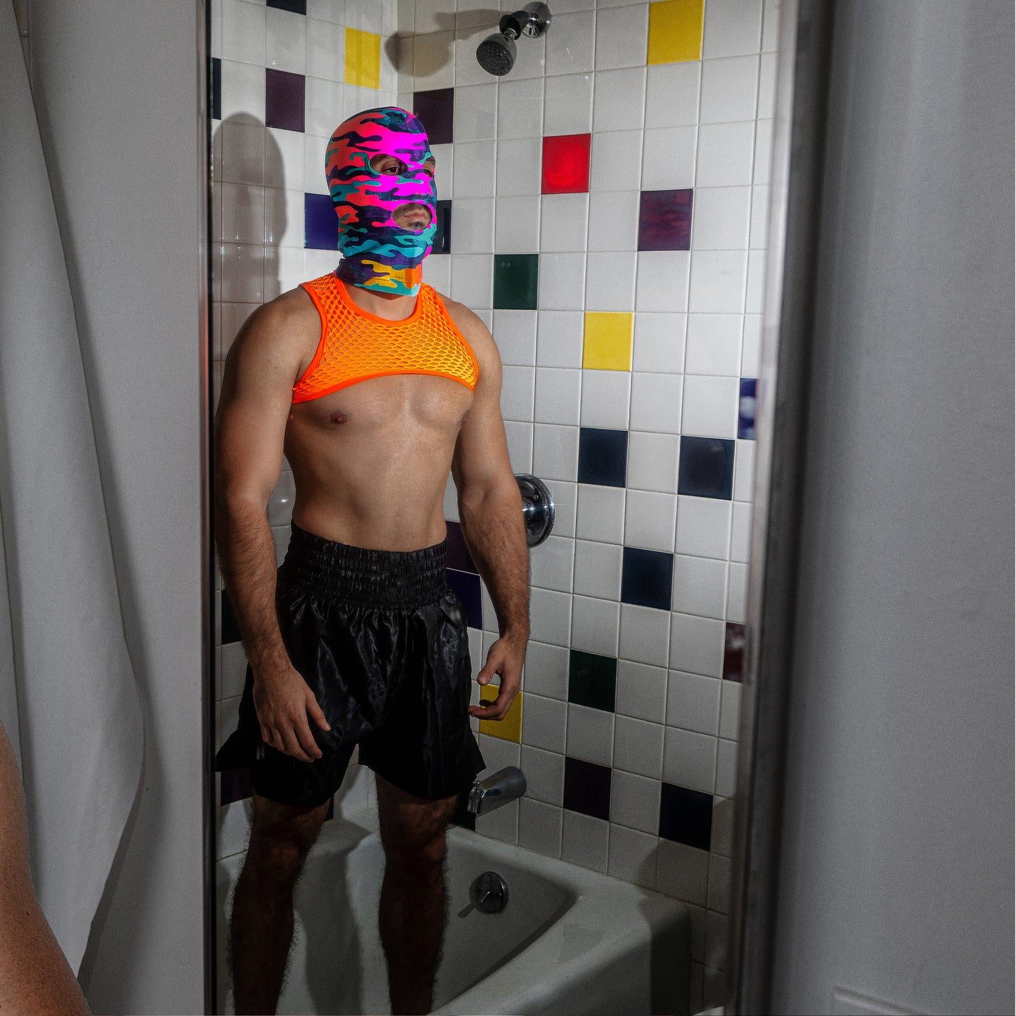 Men's Orange Elastic Fishnet Harness: Unleash Your Bold Side