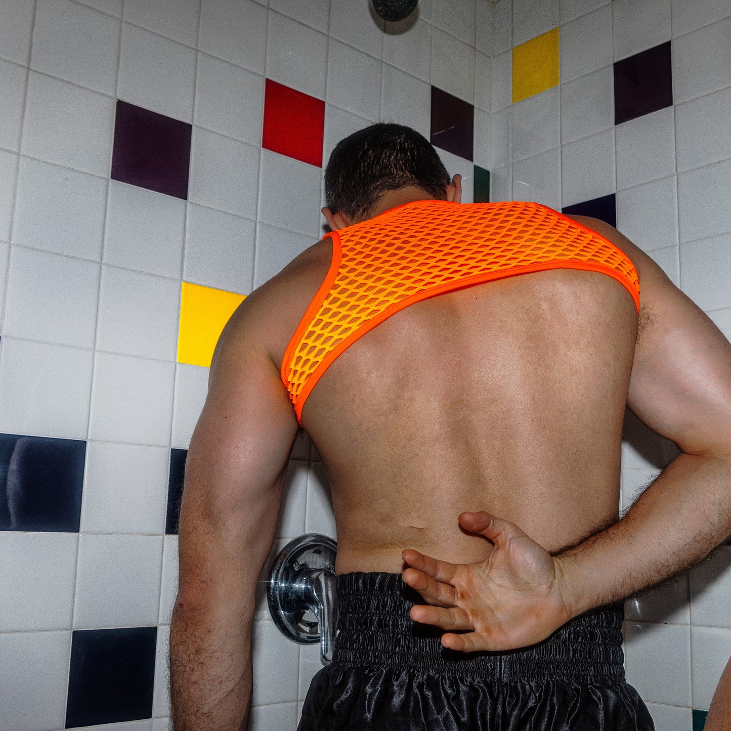 Men's Orange Elastic Fishnet Harness: Unleash Your Bold Side