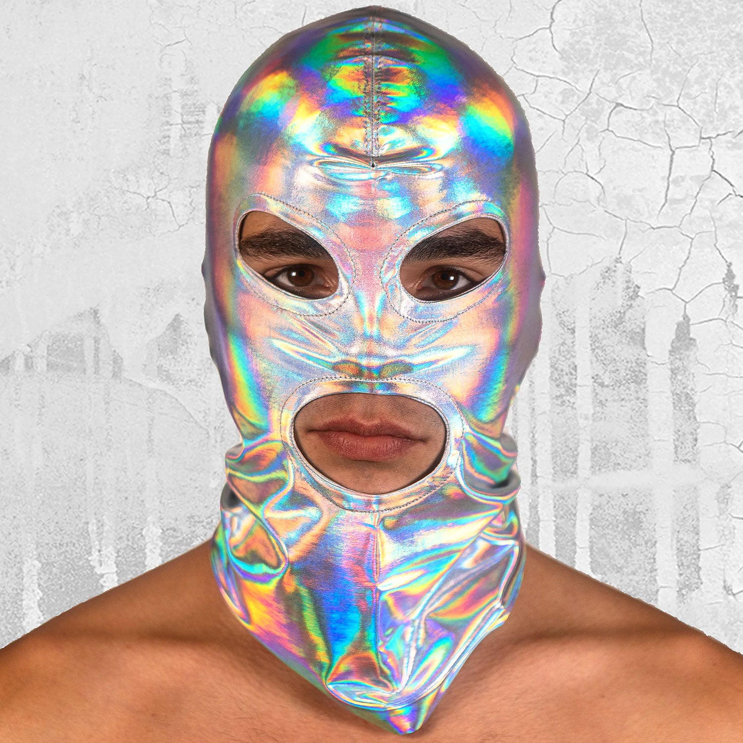 Model with Holographic Balaclava Mask on the white wall 