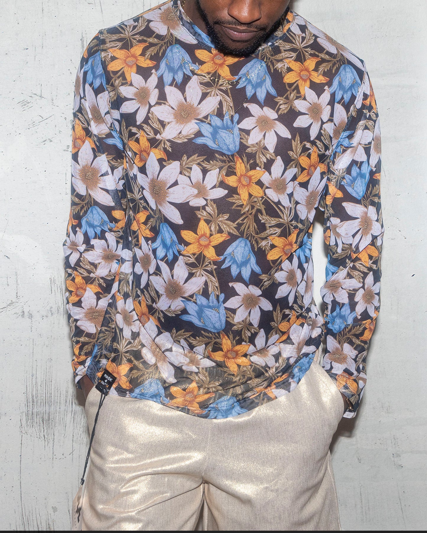 Men's Muscle Long Sleeve T-shirt in Floral Print Mesh