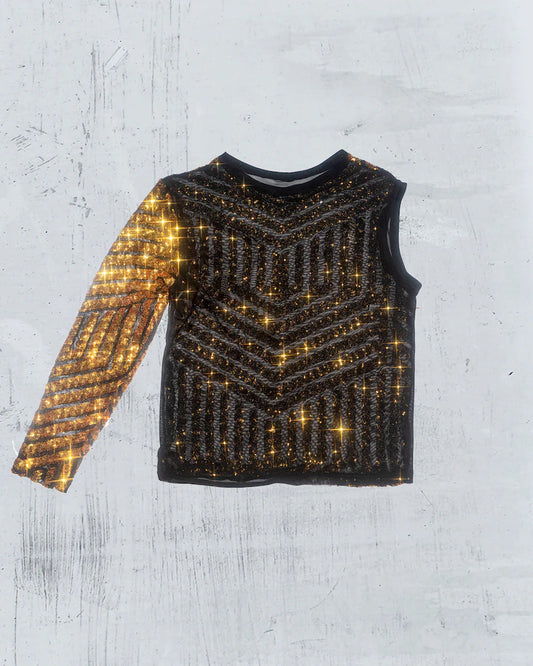 Men's Eye-Catching Gold Sequin One-Sleeve Mesh Shirt