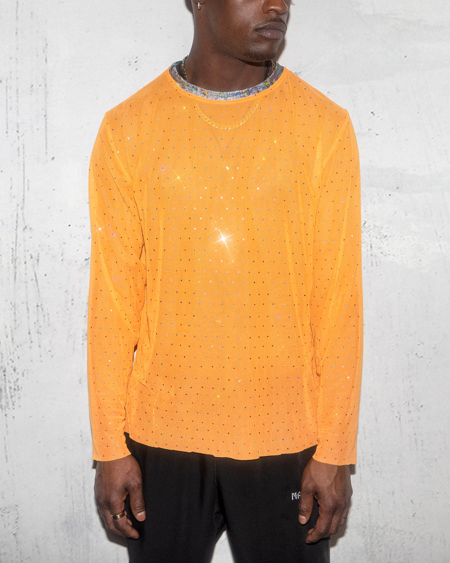 Men's Sheer Orange Rhinestone Long Sleeve l Festival and Clubwear