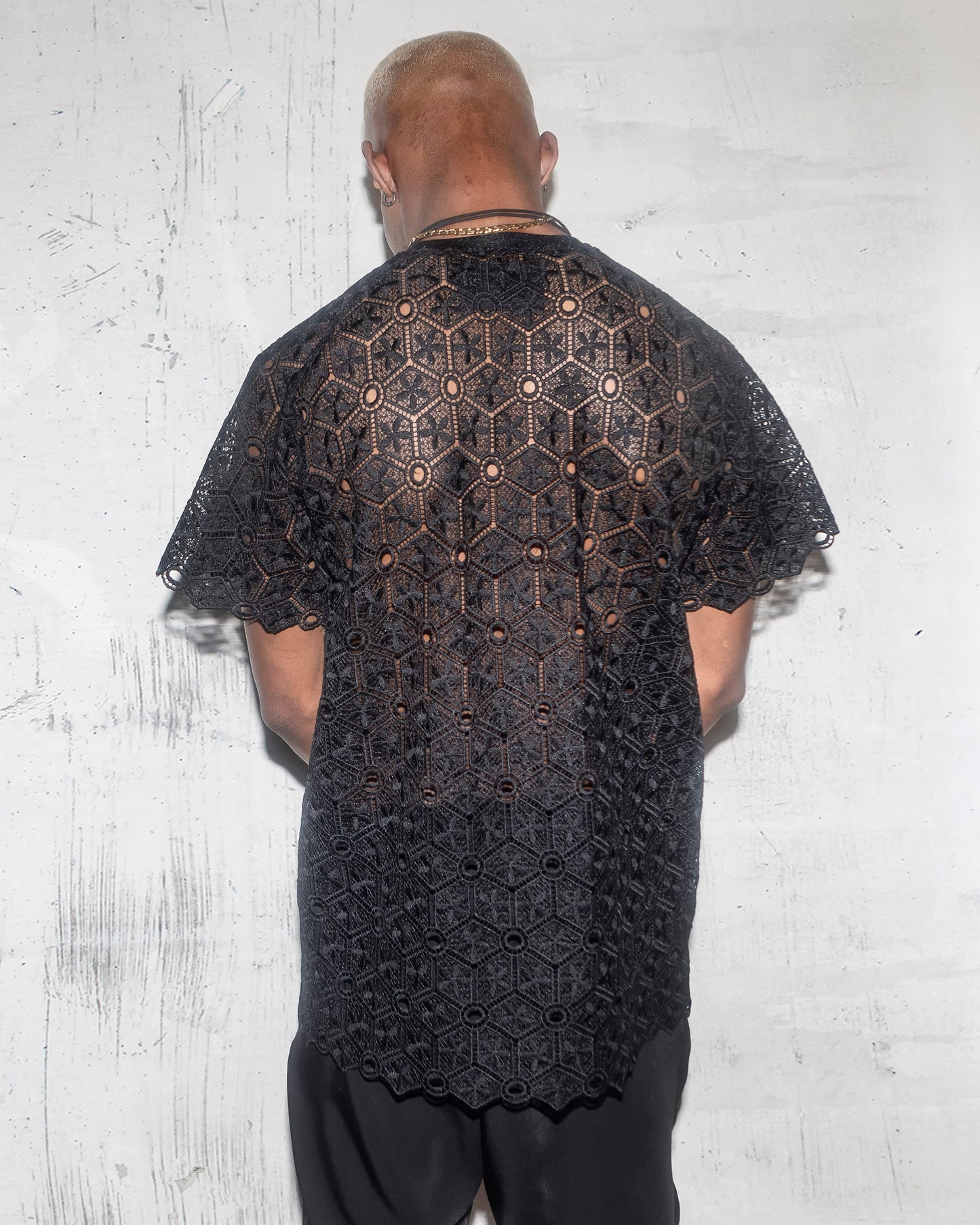 Men’s Black Lace Shirt – Sheer Geometric Mesh Top, See-Through Festival Shirt, Gothic Fashion, Edgy Clubwear, Summer Party Outfit