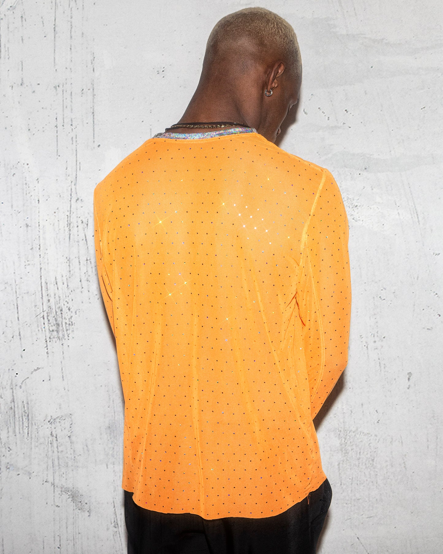 Men's Sheer Orange Rhinestone Long Sleeve l Festival and Clubwear