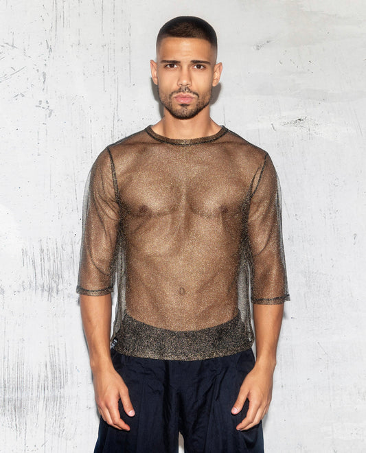 Illuminate the Night: Men's Gold Mesh See-Through Shirt with 3/4 Sleeves - Ideal for Nightlife and Music Festivals