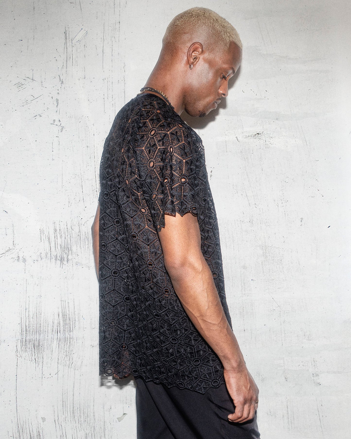 Men’s Black Lace Shirt – Sheer Geometric Mesh Top, See-Through Festival Shirt, Gothic Fashion, Edgy Clubwear, Summer Party Outfit