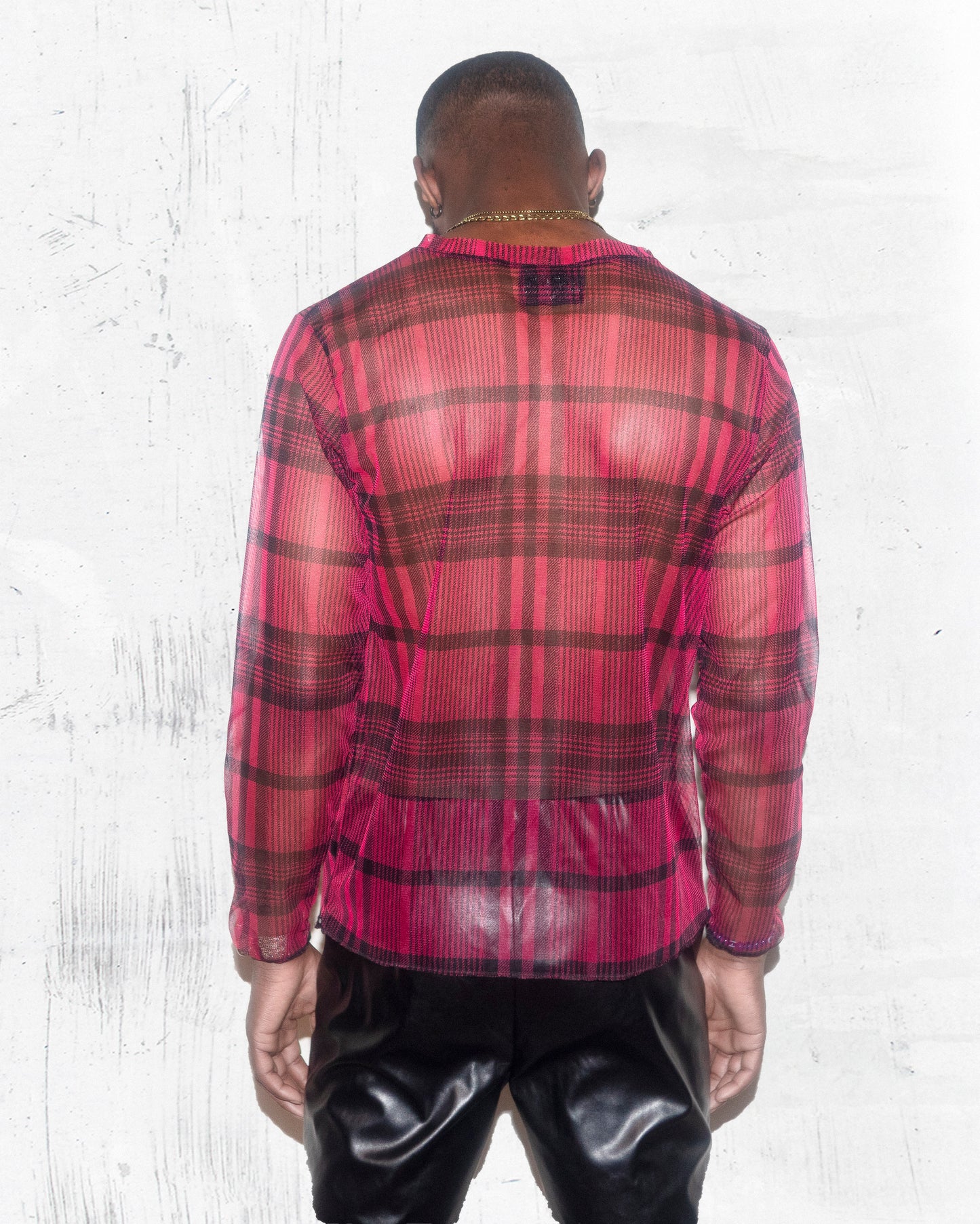 Red Plaid Sheer Mesh Shirt for Men