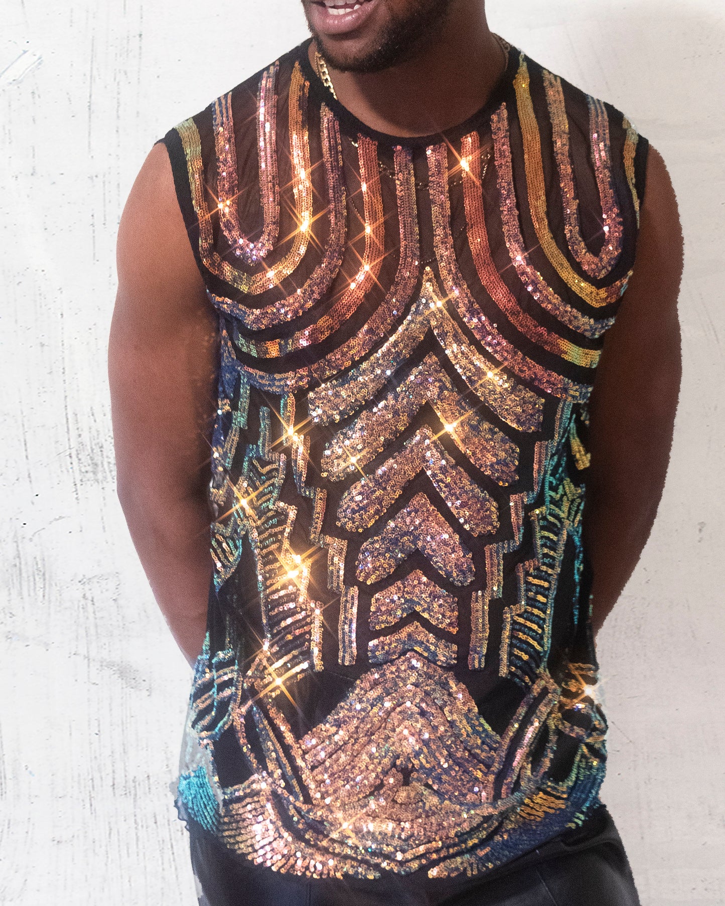 Golden Hour Sequin Sleeveless Top for Men | Bold Geometric Design