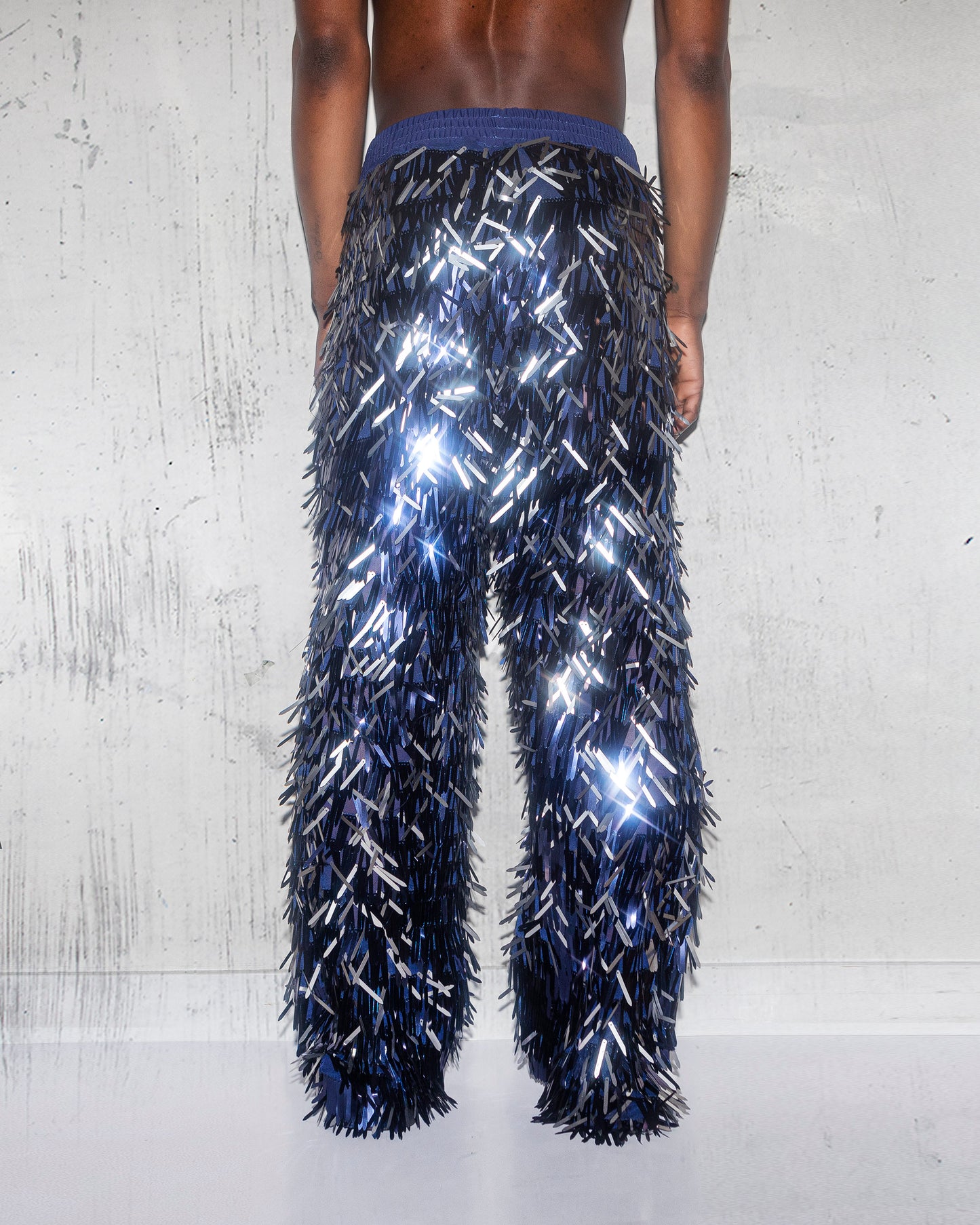 Futuristic Sequin Blue/Silver Men's Pants - Iridescent Reflective Statement Trousers