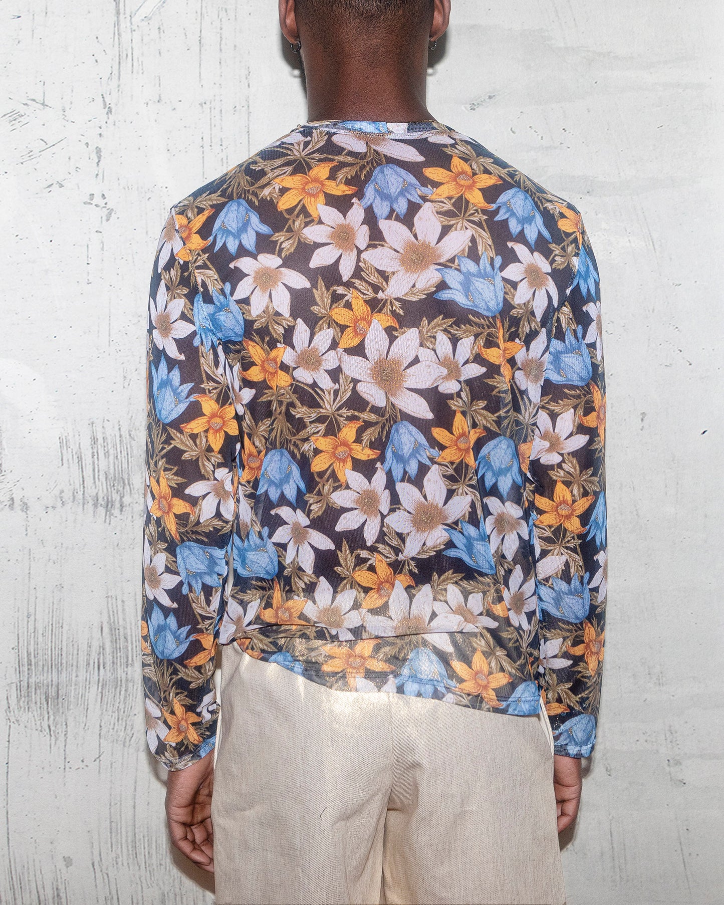 Men's Muscle Long Sleeve T-shirt in Floral Print Mesh