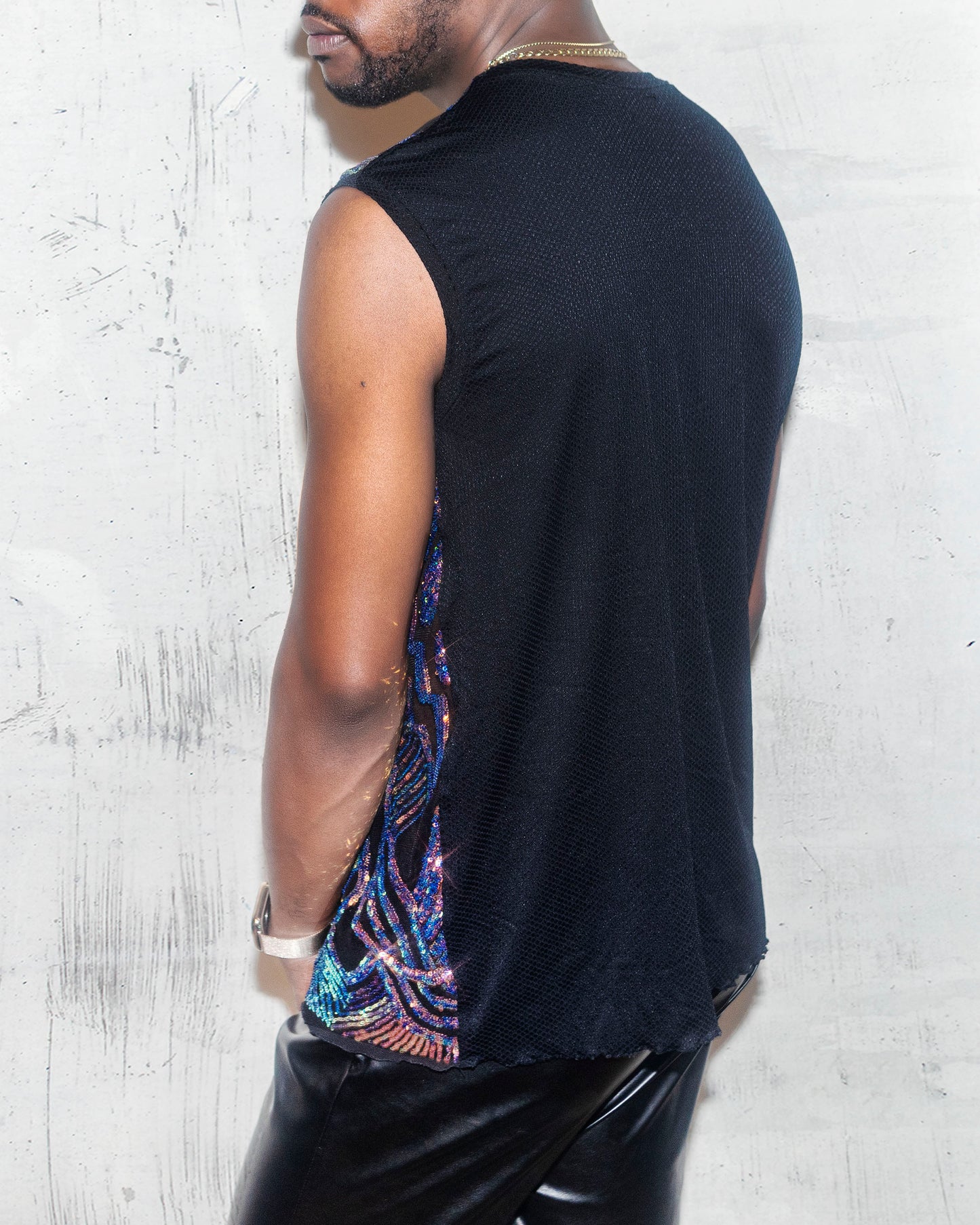 Golden Hour Sequin Sleeveless Top for Men | Bold Geometric Design