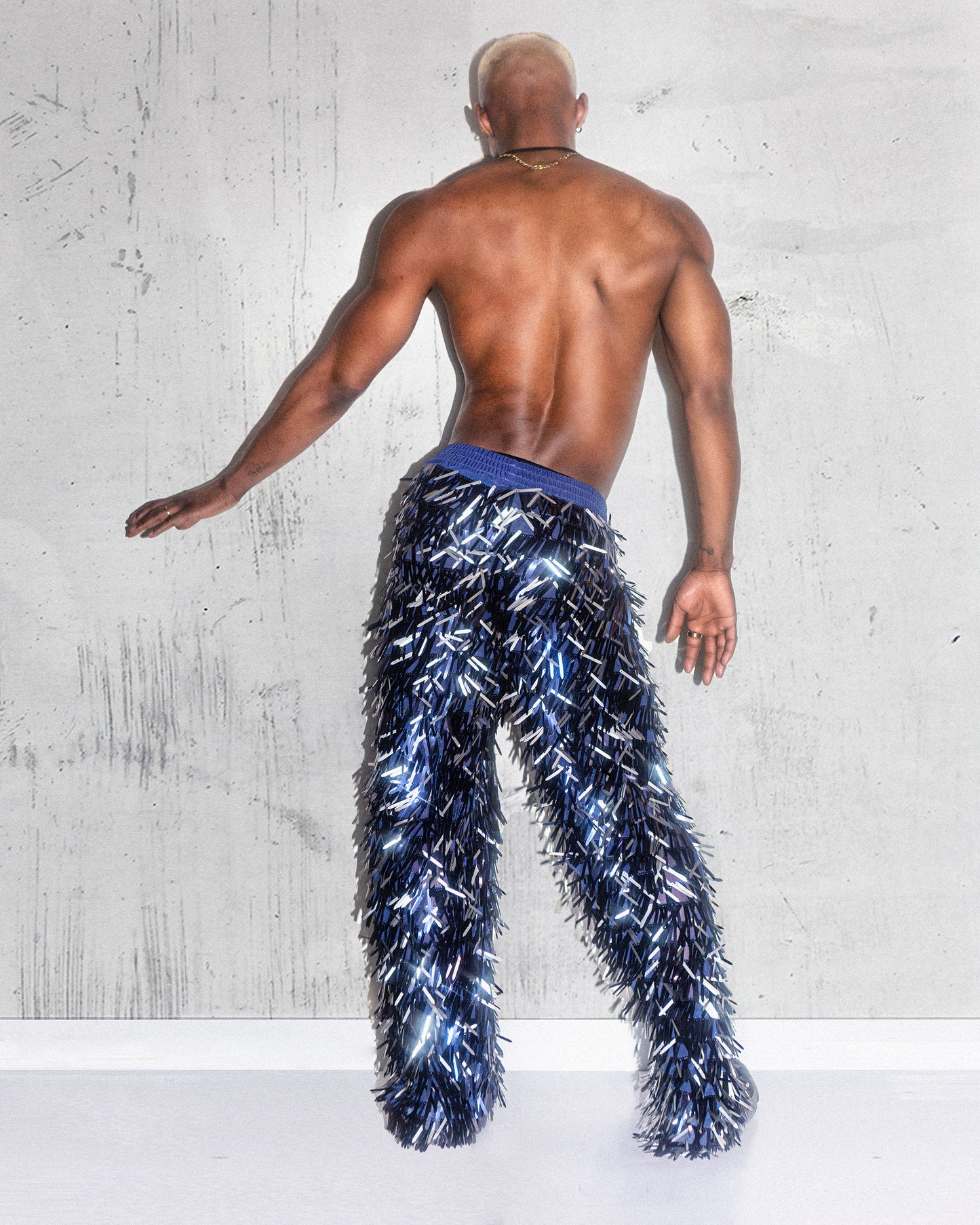 Futuristic Sequin Blue/Silver Men's Pants - Iridescent Reflective Statement Trousers