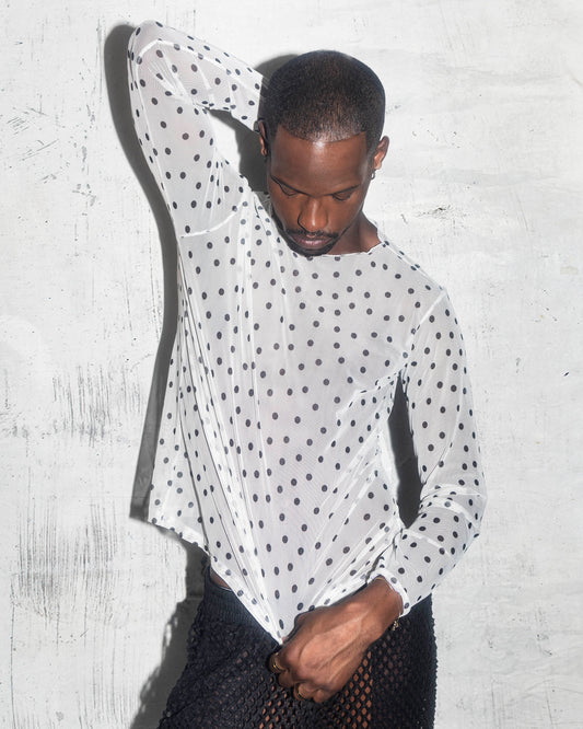 Men’s Sheer White Mesh Shirt with Black Polka Dots