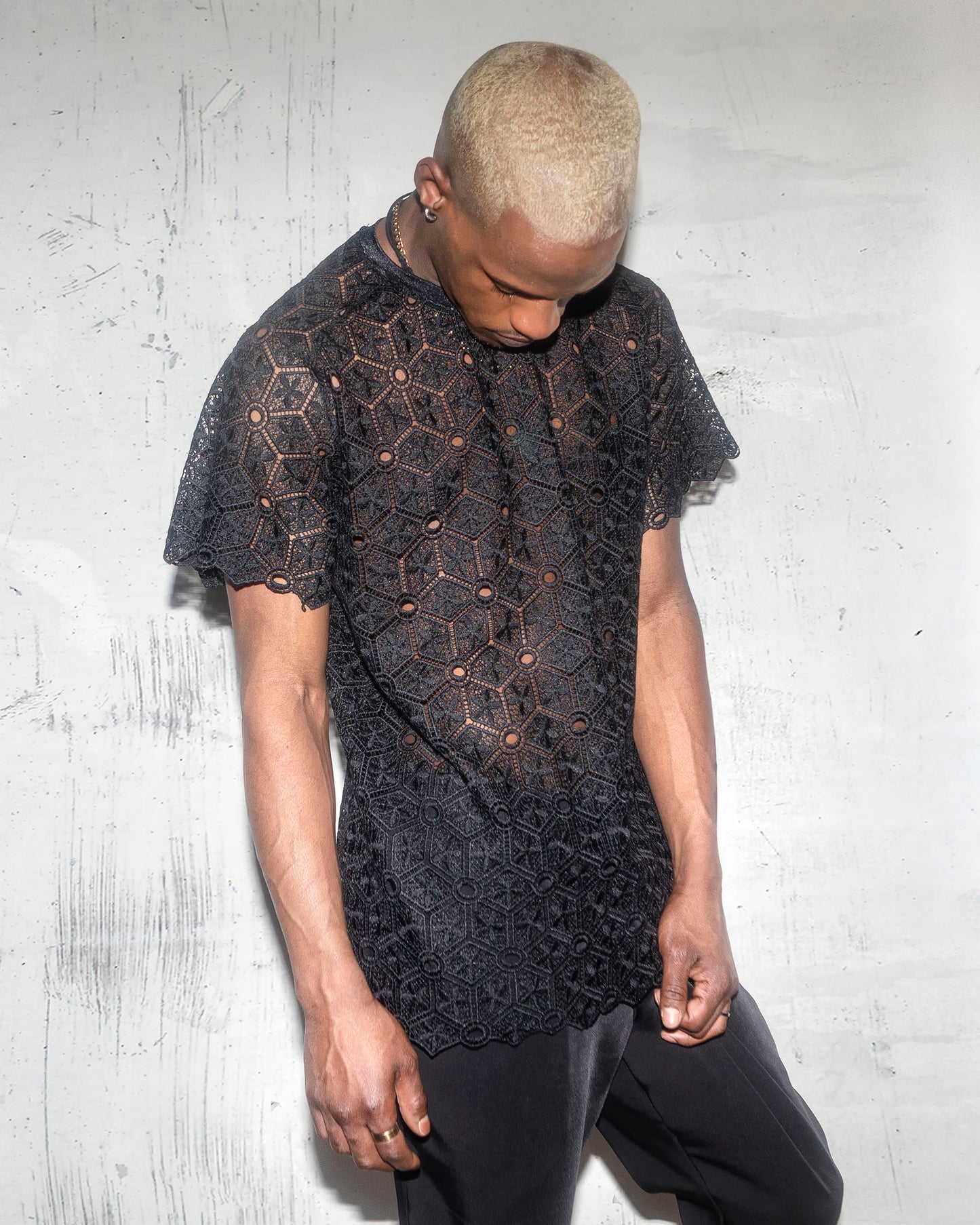 Men’s Black Lace Shirt – Sheer Geometric Mesh Top, See-Through Festival Shirt, Gothic Fashion, Edgy Clubwear, Summer Party Outfit