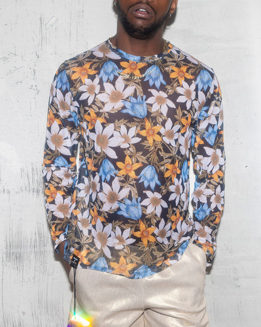 Men's Muscle Long Sleeve T-shirt in Floral Print Mesh