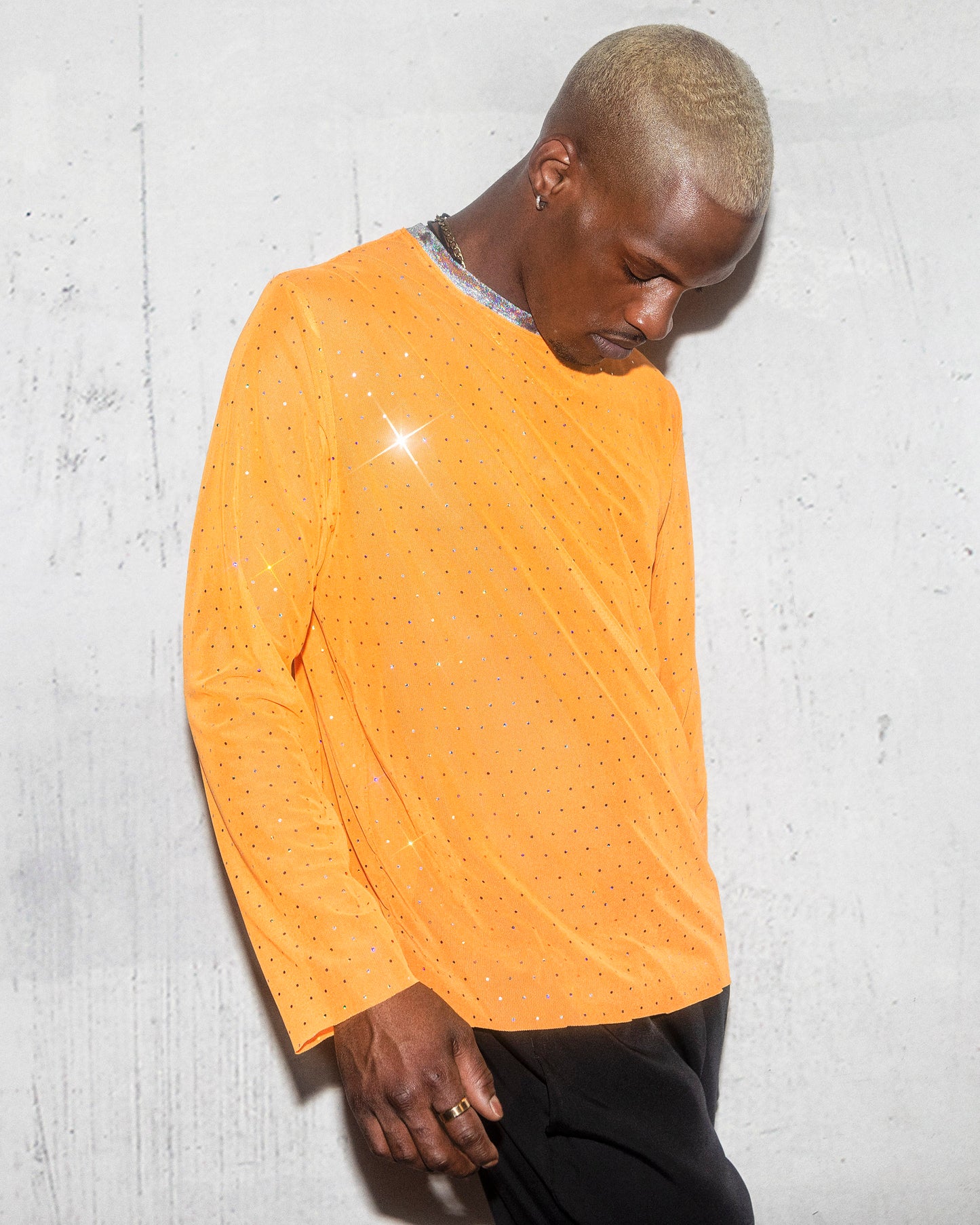 Men's Sheer Orange Rhinestone Long Sleeve l Festival and Clubwear