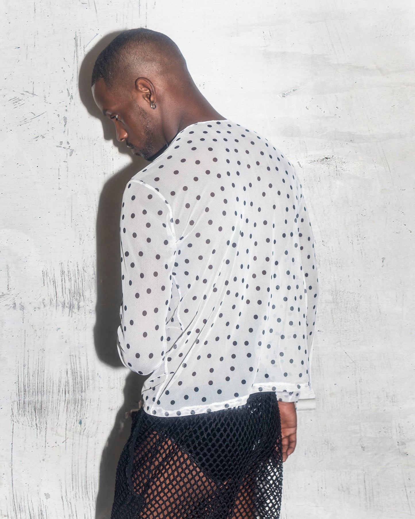 Men’s Sheer White Mesh Shirt with Black Polka Dots