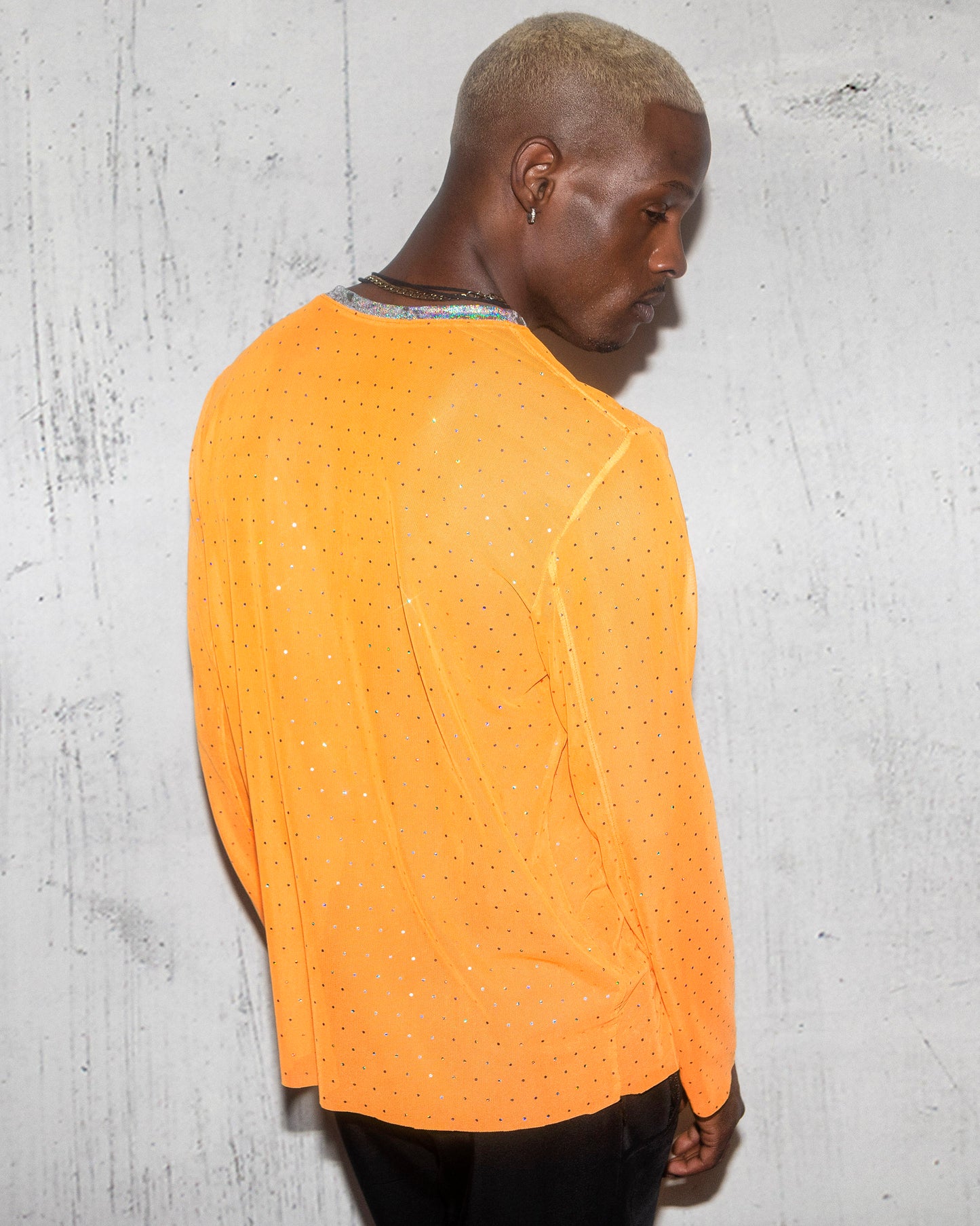 Men's Sheer Orange Rhinestone Long Sleeve l Festival and Clubwear