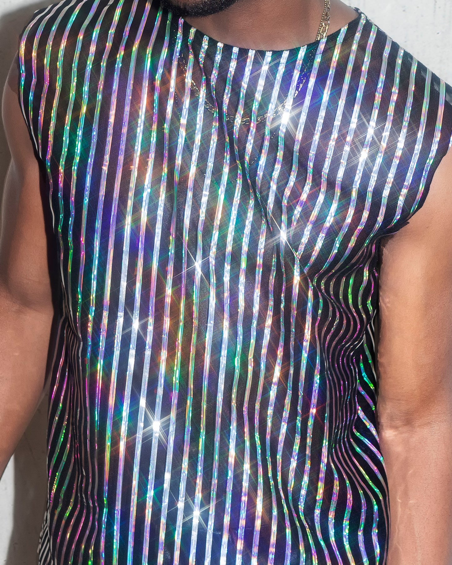 Holographic Rainbow Mesh Tank Top for Men | Reflective Striped Sleeveless Shirt