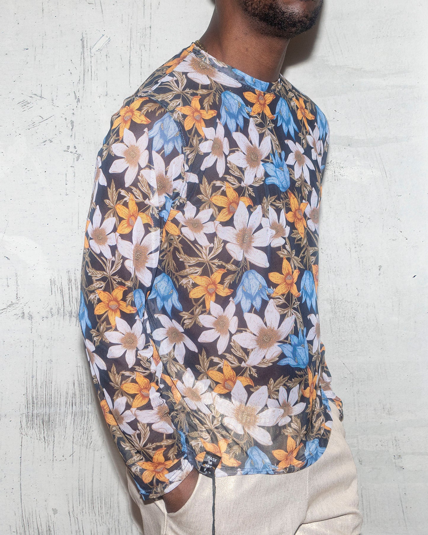 Men's Muscle Long Sleeve T-shirt in Floral Print Mesh