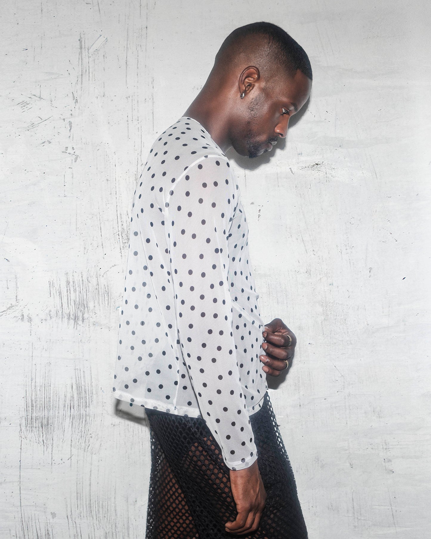 Men’s Sheer White Mesh Shirt with Black Polka Dots