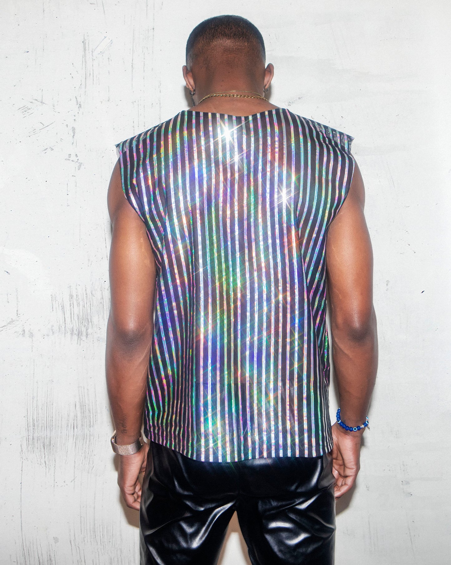 Holographic Rainbow Mesh Tank Top for Men | Reflective Striped Sleeveless Shirt