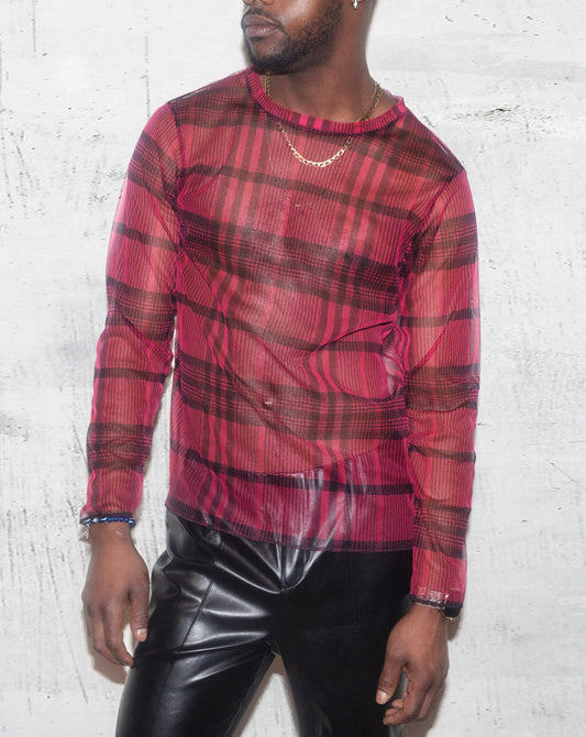 Red Plaid Sheer Mesh Shirt for Men