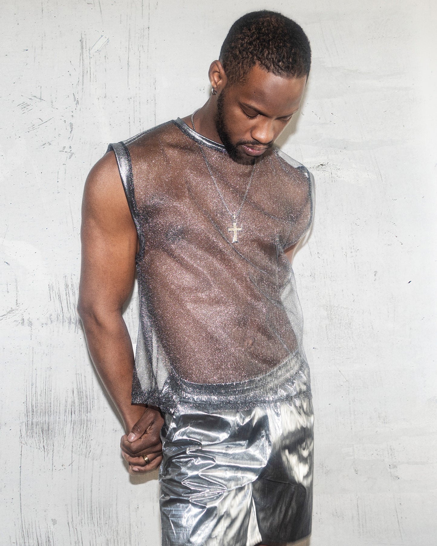 Men’s Silver Glitter Mesh Sleeveless Tank Top for Rave, Party, and Festival Looks; Shimmering Style | MASK4MASK
