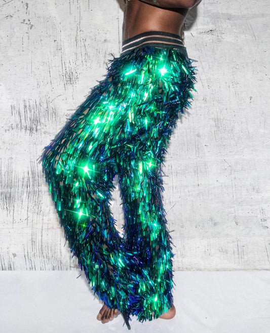 Futuristic Iridescent Sequin Pants for Men | Reflective Statement