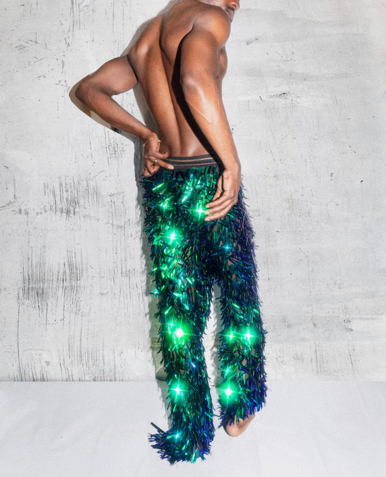 Futuristic Iridescent Sequin Pants for Men | Reflective Statement