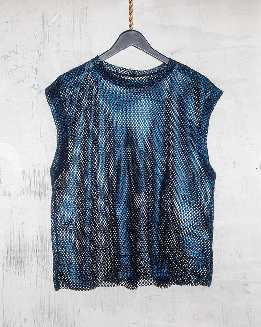 Men’s Metallic Blue Sleeveless Mesh Top – Festival & Party Wear