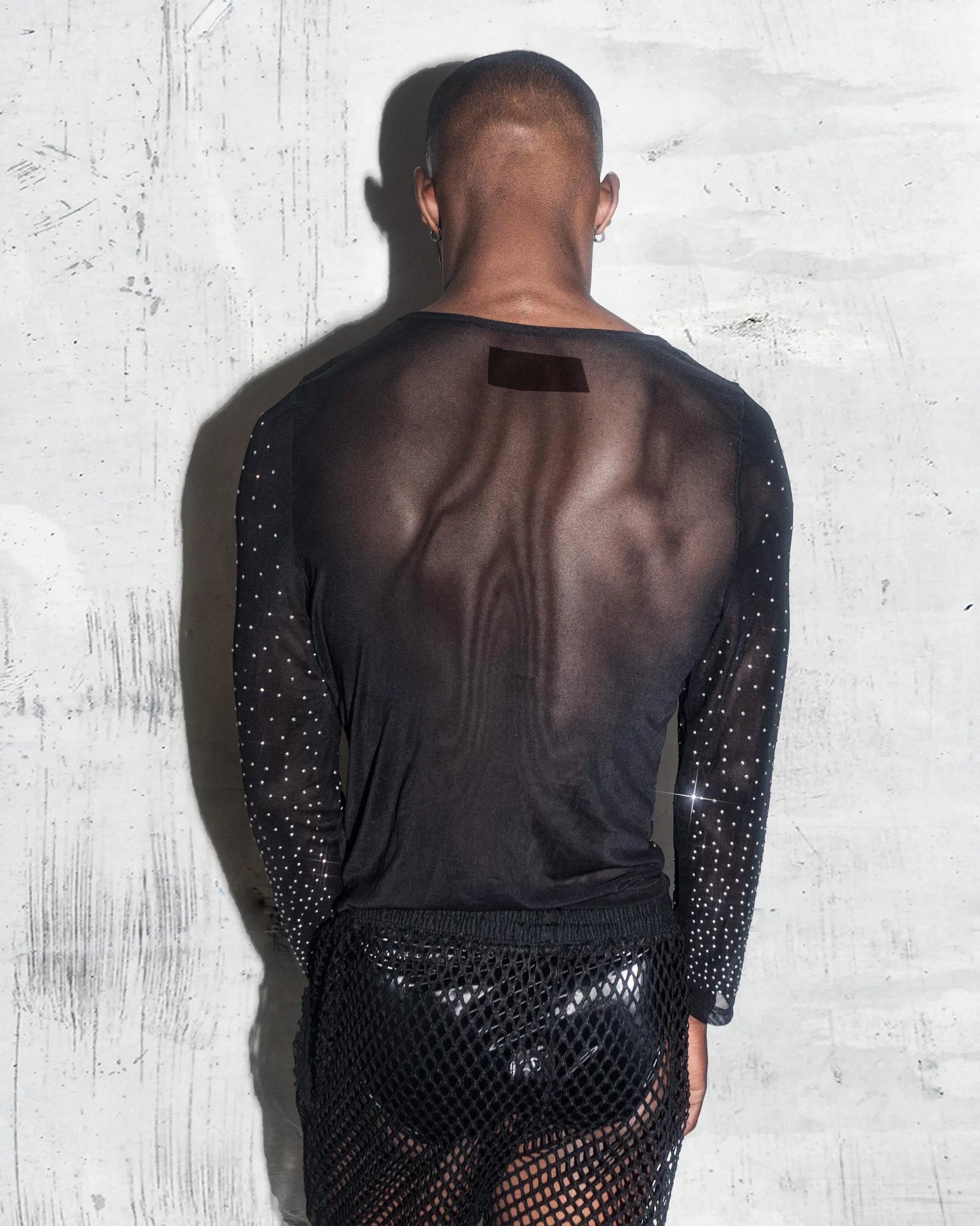 Sheer Black Rhinestone Long Sleeve Shirt for Men | Glittery Fashion Top